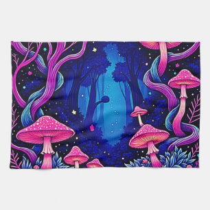 Neon Pink Mushroom Forest Art Tea Towel