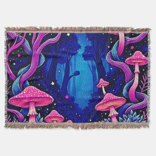 Neon Pink Mushroom Forest Art Throw Blanket