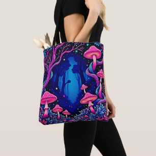 Neon Pink Mushroom Forest Art Tote Bag