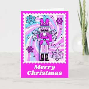 Neon Pink Nutcracker Soldier Postage Stamp Holiday Card