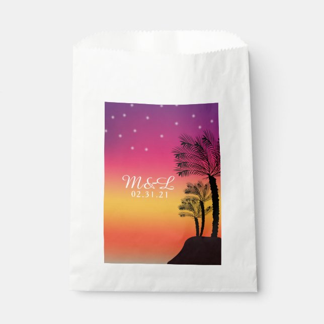 Neon Pink Ombre Tropical Tree Sunset Beach Favour Bags (Front)