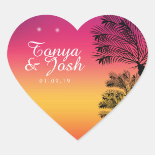 Neon Pink Ombre Tropical Tree Sunset Beach Heart Sticker