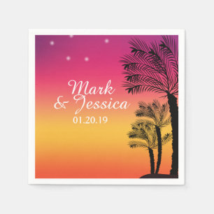 Neon Pink Ombre Tropical Tree Sunset Beach Napkin