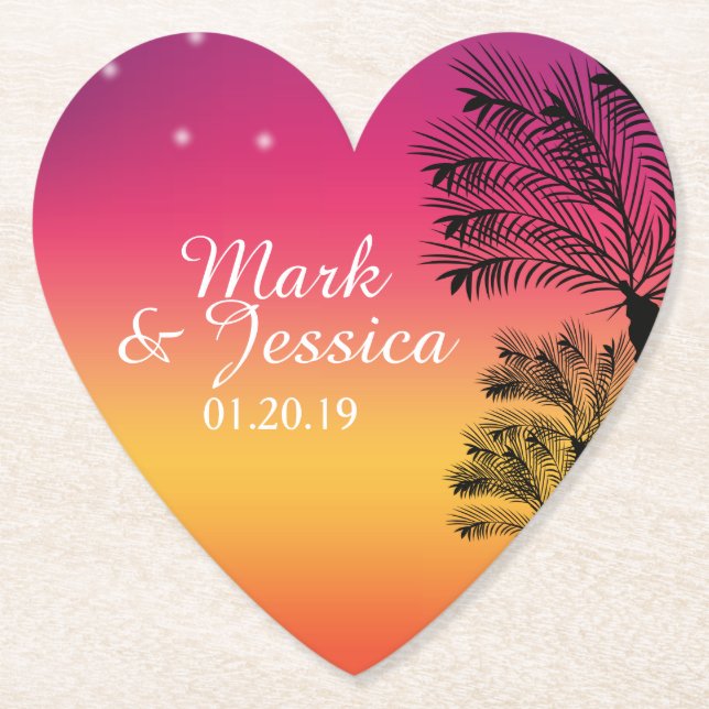 Neon Pink Ombre Tropical Tree Sunset Beach Paper Coaster (Front)