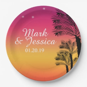 Neon Pink Ombre Tropical Tree Sunset Beach Paper Plate