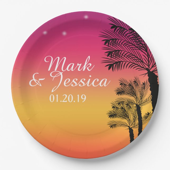 Neon Pink Ombre Tropical Tree Sunset Beach Paper Plate (Front)