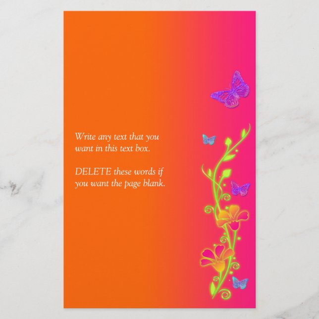 Neon Pink Orange Butterflies & Flowers Stationery (Front)