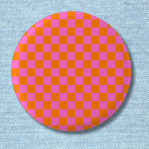 Neon Pink Orange Chequered Chequerboard Vintage 3 Cm Round Badge