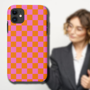 Neon Pink Orange Chequered Chequerboard Vintage Case-Mate iPhone Case