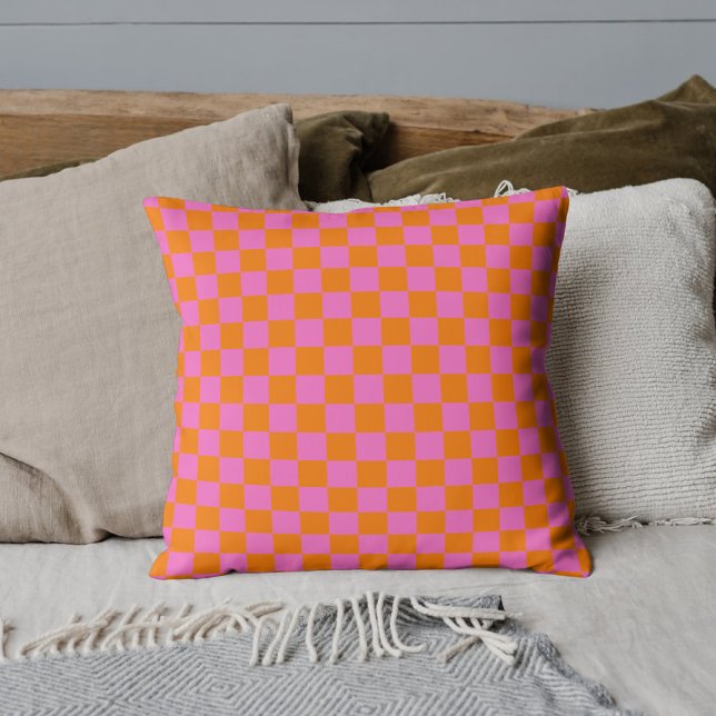 Neon Pink Orange Chequered Chequerboard Vintage Cushion (Creator Uploaded)
