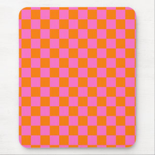 Neon Pink Orange Chequered Chequerboard Vintage Mouse Mat