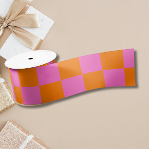 Neon Pink Orange Chequered Chequerboard Vintage Satin Ribbon