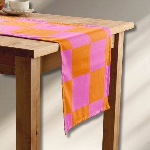 Neon Pink Orange Chequered Chequerboard Vintage Short Table Runner