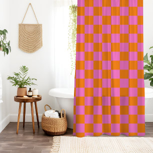 Neon Pink Orange Chequered Chequerboard Vintage Shower Curtain