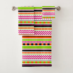 Neon Pink Orange Green Geometric Stripes Pattern Bath Towel Set