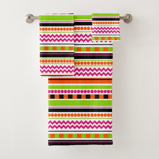 Neon Pink Orange Green Geometric Stripes Pattern Bath Towel Set (Insitu)