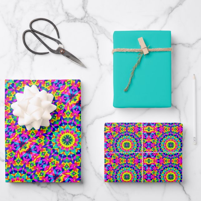 Neon Pink, Orange, Green & Yellow Tile Pattern Wrapping Paper Sheet (Front)