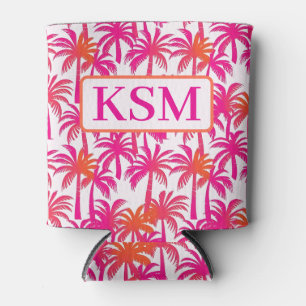 Neon Pink Orange Palm Tree Ibiza Monogram Can Cooler