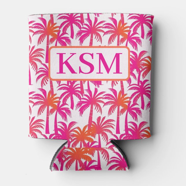 Neon Pink Orange Palm Tree Ibiza Monogram Can Cooler (Front)