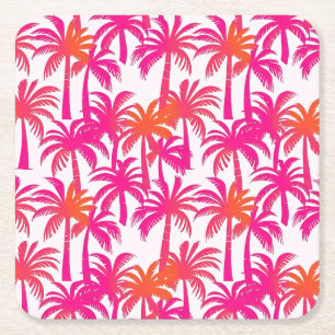 Neon Pink Orange Palm Tree Ibiza Square Paper Coaster