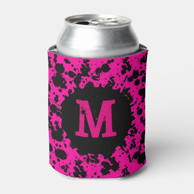 Neon pink paint splatter monogram can cooler (Can Front)