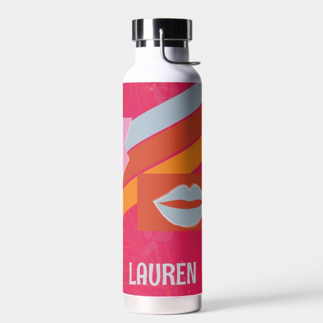 Neon Pink Preppy Striped Water Bottle (Left)