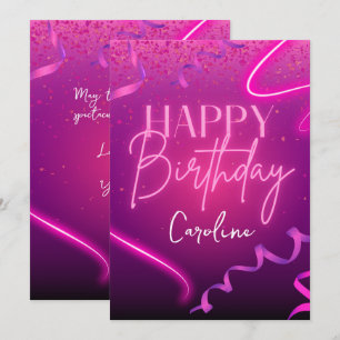 Neon Pink Purple Confetti Happy Birthday  Holiday Card