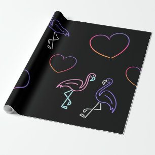 Neon Pink Purple Flamingo and Hearts Wrapping Paper