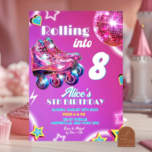 Neon Pink Purple Girl Skate Disco Ball Birthday Invitation (Creator Uploaded)