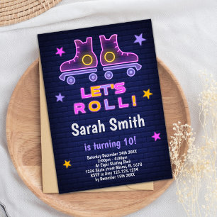 Neon Pink Purple Skating Birthday Invitations