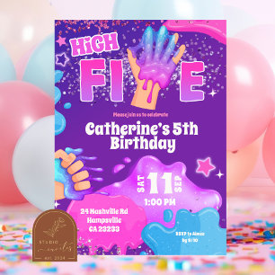 Neon Pink Purple Slime High Five Birthday Invitati Invitation