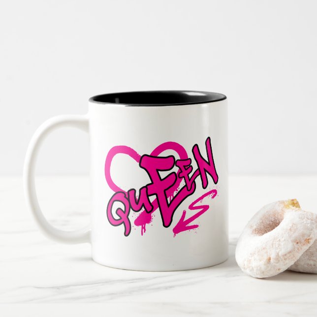 Neon Pink “Queen” Graffiti Two-Tone Coffee Mug (With Donut)