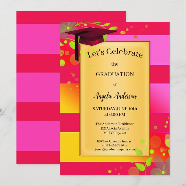 Neon Pink Red Floral Graduation Invitation (Front/Back)
