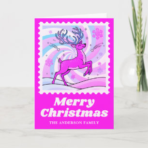 Neon Pink Reindeer Christmas Postage Stamp Holiday Card