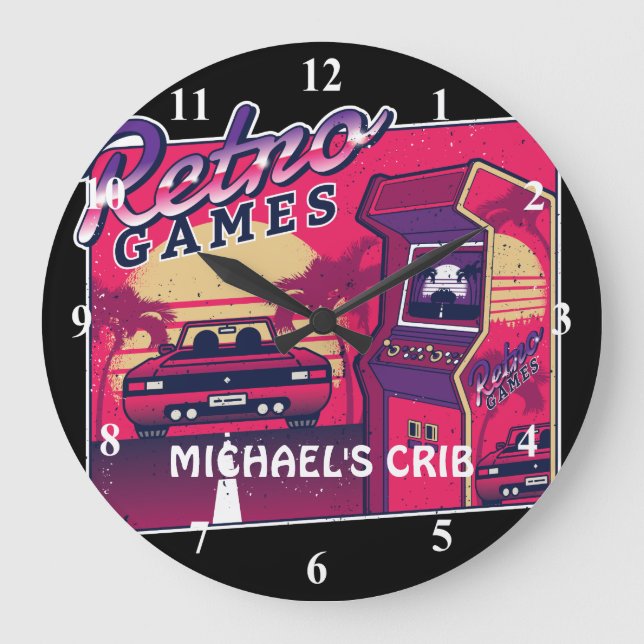 Neon Pink RETRO Gamer Games Teen Kids Gaming Large Clock (Front)