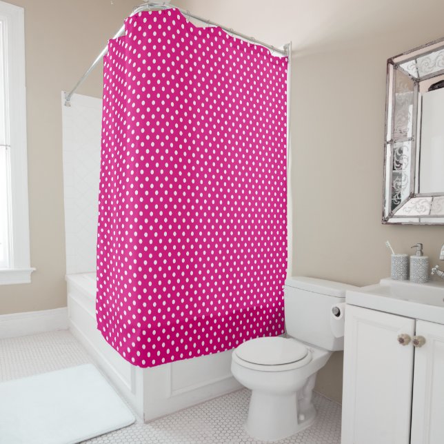 Neon pink shower curtain with polka dots pattern (In Situ)