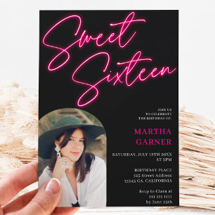 Neon pink sign script fun photo arch Sweet 16 Invitation