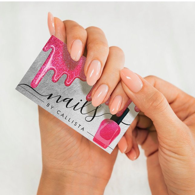 Neon Pink Silver Thick Glitter Drips Polish Nails Business Card (Creator Uploaded)