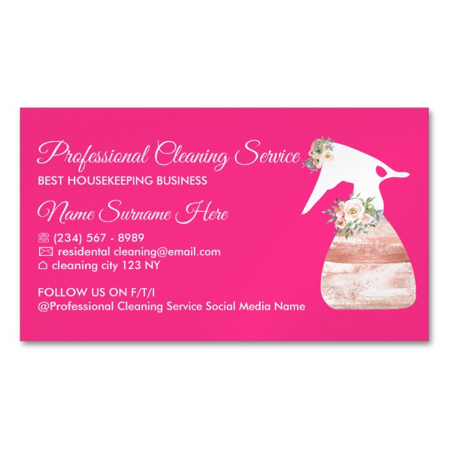 Neon Pink Spray Flower Glamour Cleaning Service Magnetic Business Card (Front)