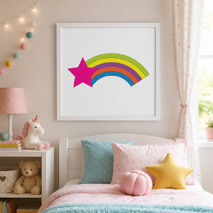 Neon Pink Star and Colourful Rainbow Whimsical Poster