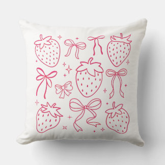 Neon Pink Strawberries and Bows Kawaii Design Cushion