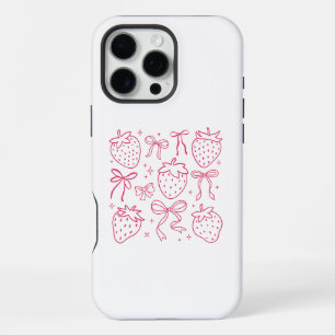 Neon Pink Strawberries and Bows Kawaii Design iPhone 16 Pro Max Case
