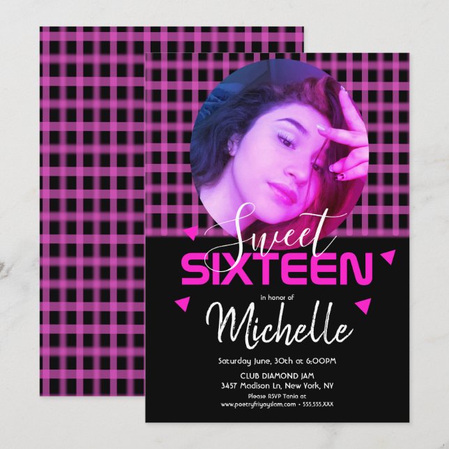 Neon Pink Sweet Sixteen Photo Grid Invitation (Front/Back)