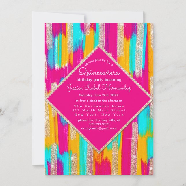 Neon Pink Teal Gold Glitter Paint Quinceañera Invitation (Front)
