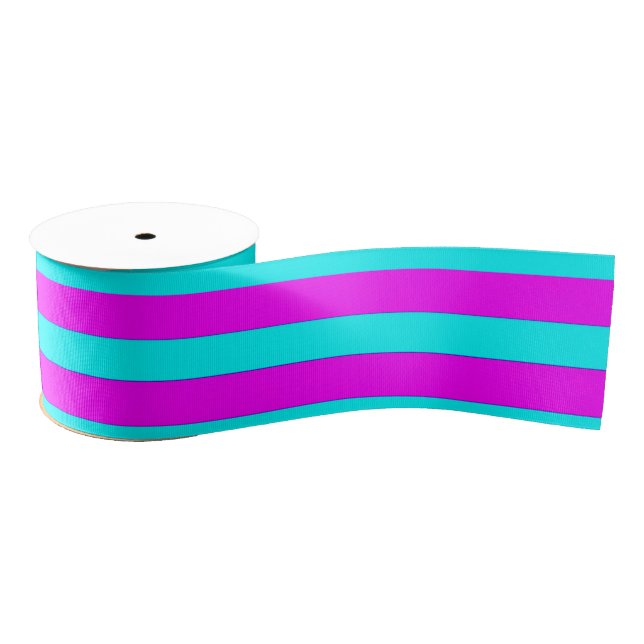 Neon Pink Teal Modern Stripes Pattern Grosgrain Ribbon (Spool)
