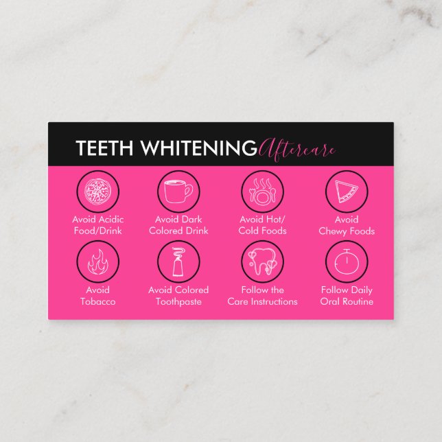 Neon Pink Teeth Whitening Aftercare Tips Business Card (Back)
