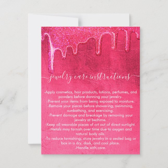 Neon Pink Thick Glitter Drips Jewellery Care Card (Front)
