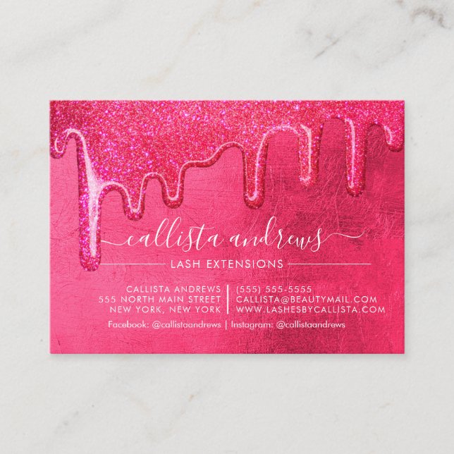 Neon Pink Thick Glitter Drips Lashes Aftercare Business Card (Front)