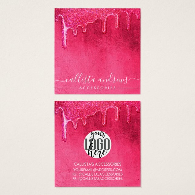 Neon Pink Thick Glitter Drips Logo Hair Clip (Front & Back)