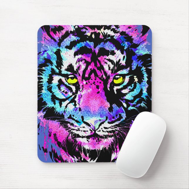 Neon Pink Tiger Head Portrait - Tiger Mouse Pad (With Mouse)